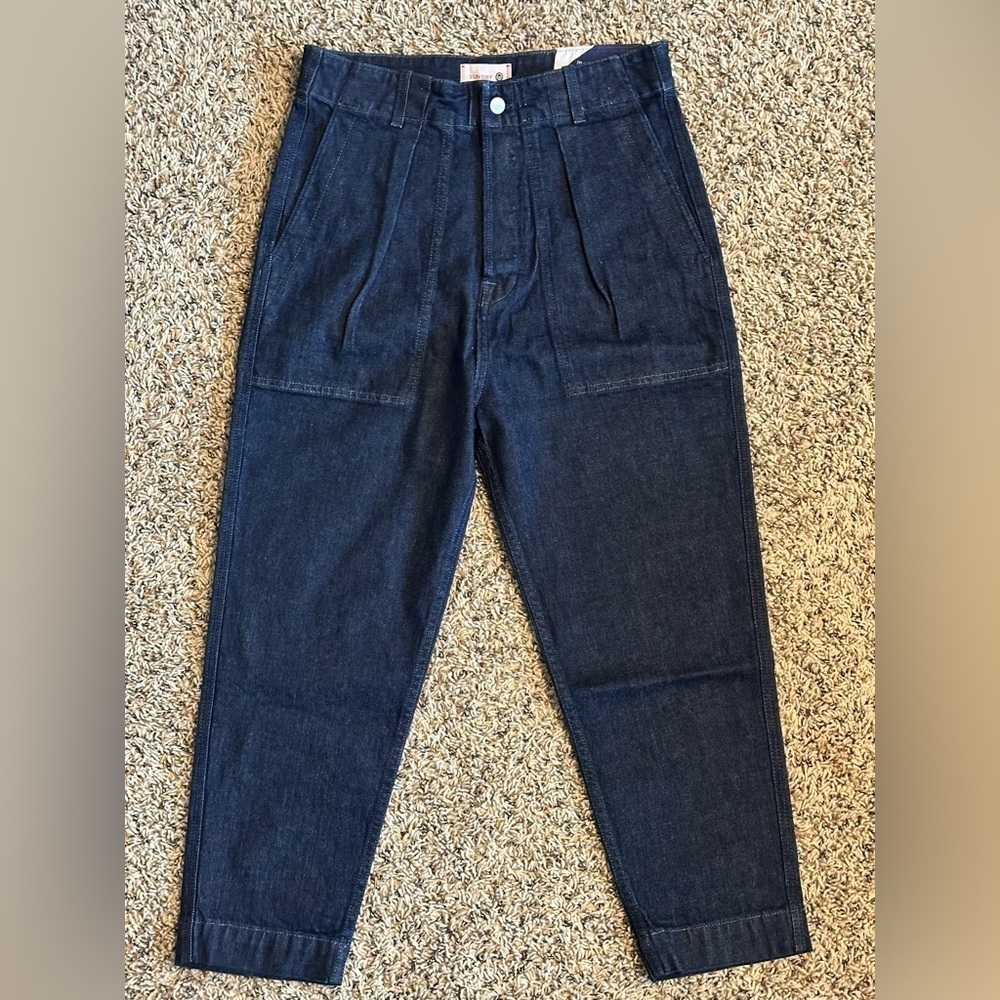 NWT Sundry Dark Blue Wash High Rise Pleated Military Relaxed Fit Denim Pants 28